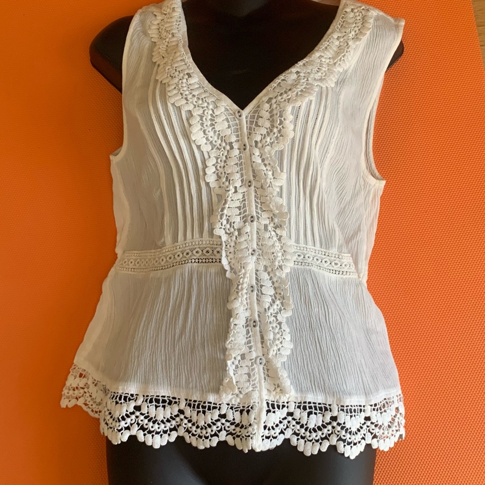 American Rag Boho Style Camisole White Lace Trimmed Blouse Sz M 34